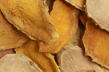 Sliced and dried rhizome of Curcuma zanthorrhiza, or temulawak, or Java ginger, or Javanese ginger,...