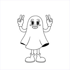 Comic retro cartoon ghost character with happy smile face. Groovy vector illustration in line style.
