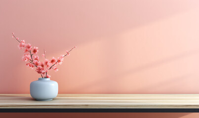 wooden table with vase with flowers and pastel background 