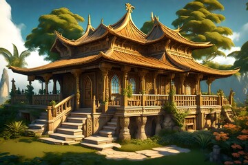 Obraz premium super sharp, high detail, fantasy big hut, magic world, the world of magic - AI Generative