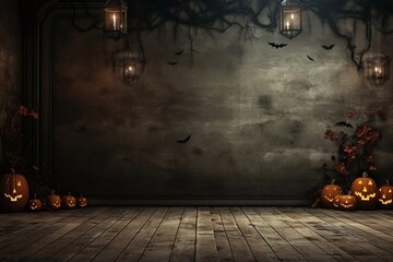 halloween interior wall background with floor and space for text