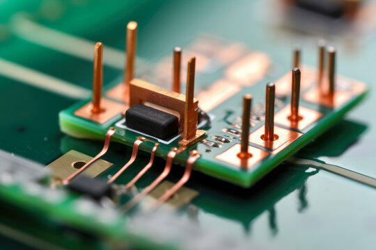 A captivating close-up image showcasing a diode bridge rectifier gracefully positioned on a vibrant green circuit board, adorned with intricate copper traces.