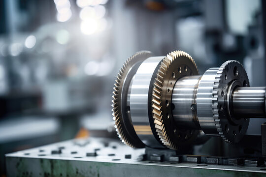 Captivating macro view of a speed reducer shaft amidst a bustling manufacturing plant, with a mesmerizing backdrop of blurred industrial machinery.