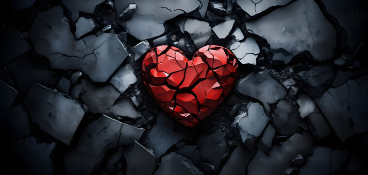 un c&oelig;ur rouge bris&eacute; en plusieurs morceaux sur un fond de pierres noires