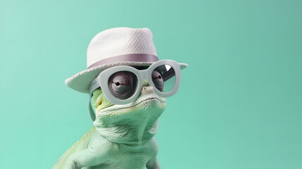  Chameleon in sunglass and hat shade glasses isolated on solid pastel background 