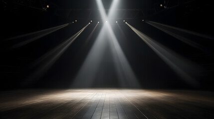Spotlights shine on stage floor in dark room