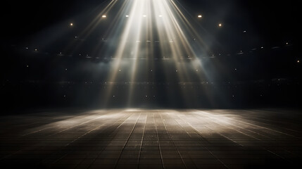 Spotlights shine on stage floor in dark room