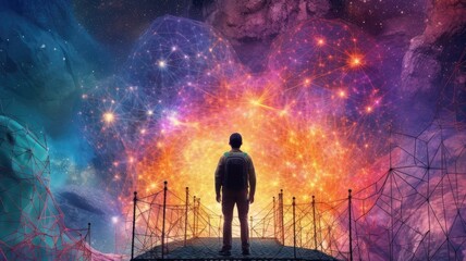 Fototapeta premium A scientist peering into a neural network landscape, showcasing the exploration and discovery process in deep learning research