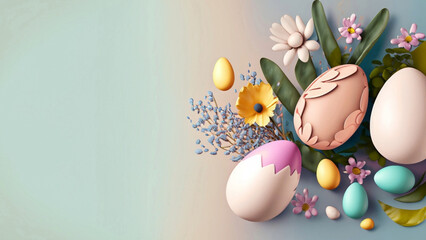 Naklejka na ściany i meble Easter eggs and flowers background with copy space. 