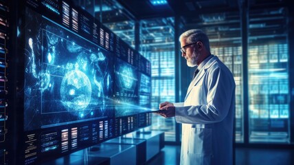 A medical doctor collaborating with AI tools for diagnosing medical conditions, illustrating AI's role in healthcare innovation