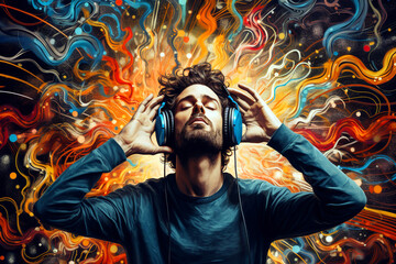 Auditory Hallucinations. A Man with a headphone listening to sound, music and inputs to the brain. Colorful cloud of stimuli reaching the brain. - obrazy, fototapety, plakaty