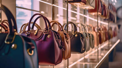 Close-up of Luxury handbags in a fashion shop