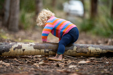baby climbing a tree. toddler exploring in the forest in the trees