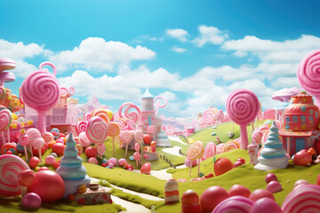 Colorful pastel candy landscape. pink castle or palace in the land of sweets. road among sweets and lollipops