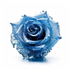 A frozen blue rose covered in hoarfrost. Isolated on white background. Generative AI.