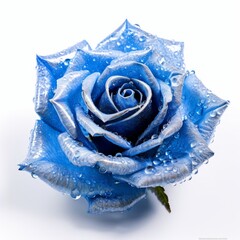 A frozen blue rose covered in hoarfrost. Isolated on white background. Generative AI.