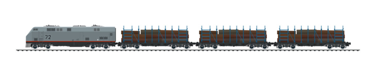 Railway freight wagons, locomotive with railway platform for timber transportation , railway and container transport banner, overland transport, vector illustration