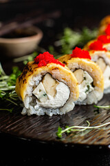 Various Sushi, rolls on a dark background