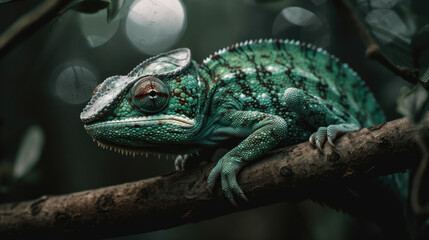 Fototapeta premium Green chameleon on a tree.