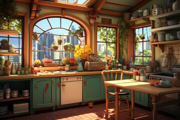 Fototapeta na wymiar a Cozy Lofi Kitchen Illustration, Transporting You to a Comforting Culinary Haven Where Vintage Aesthetics Blend Seamlessly with Artistic Ambiance for a Homely and Creatively Inspiring Experience. 