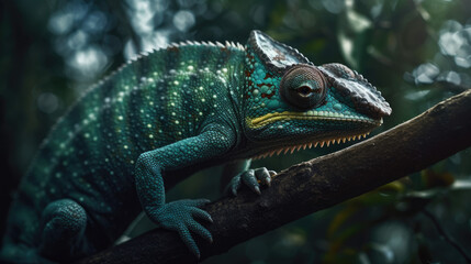 Green chameleon on a tree.