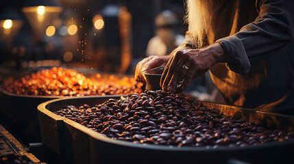 Worker with a roasted coffee beans. - obrazy, fototapety, plakaty