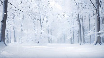 A tranquil forest draped in snow exudes serenity as trees stand silently under a blanket of white. The photography captures the intricate details of snow-laden branches and the peaceful ambiance.