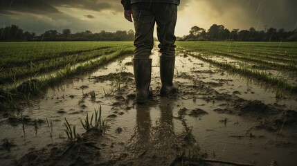 A farmer in rubber boots is stuck in the mud on a flooded plantation after a heavy rain storm. - obrazy, fototapety, plakaty