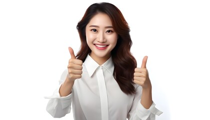 Beautiful young Asian woman, thumbs up, cheerful, on a white background