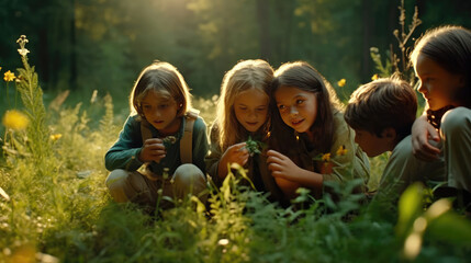 Fototapeta premium A group of children are having fun playing in the forest