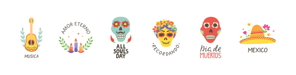 Day of the Dead cards set. Dia de Muertos hand lettering with skull print. Mexico icon with sombrero and flowers. Mariachi logo. Mexican party. All souls day poster. Amor eterno. Vector illustration