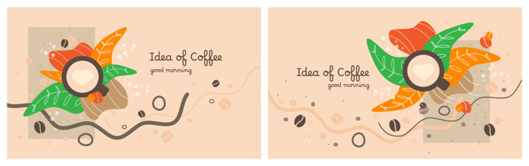 Doodle Coffee Banner. Hand drawn illustrations. Abstract elements backgrounds