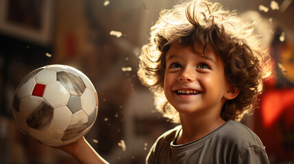 Child holding soccer ball.