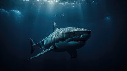 Huge white shark in blue ocean swims under water. Sharks in wild. Marine life underwater in blue ocean. - Powered by Adobe