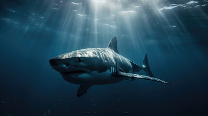 Fototapeta premium Huge white shark in blue ocean swims under water. Sharks in wild. Marine life underwater in blue ocean.