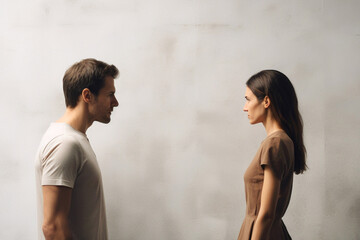 Man and woman stand facing each other, sense of confrontation an - obrazy, fototapety, plakaty
