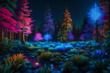 A colorful bioluminescent forest landscape that is full of life, full of colors - AI Generative