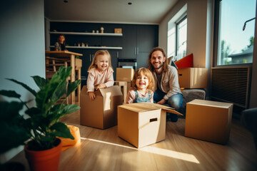 Happy family - dad and kids unpacking cardboard boxes after moving house. AI generated