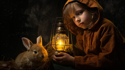 portrait of a child with rabbit halloween scene