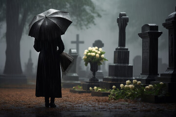 Senior woman With Flowers Standing By Grave on cemetery in the pouring rain with umbrella - obrazy, fototapety, plakaty