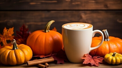 Autumn pumpkin spiced latte, composition of a coffee mug and pumpkins, copy space