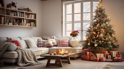 Fototapeta na wymiar Cozy living toom interior with large windows and a fireplace, winter christmas setting