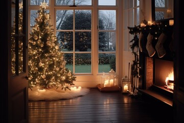View through open door to cozy living room in country house with fireplace and big Christmas tree.