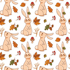 Cute bunny in the autumn forest. Seamless pattern. Kid print.