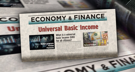 Universal basic income analysis technology newspaper printing media - obrazy, fototapety, plakaty