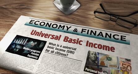 Universal basic income analysis technology newspaper on table - obrazy, fototapety, plakaty