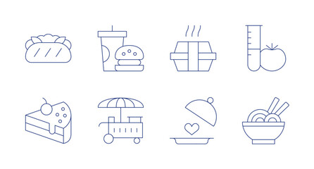 Food icons. editable stroke. Containing banh mi, cake, fast food, food box, food cart, food tray, laboratory, noodles.