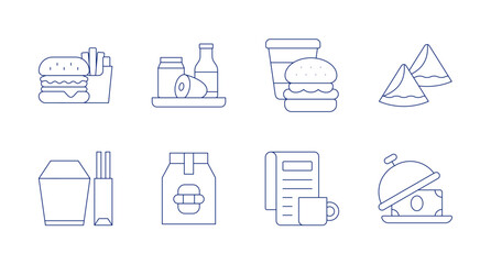 Food icons. editable stroke. Containing burger, chinese food, food, food package, samosa, tray, junk food, newspaper.