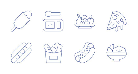 Food icons. editable stroke. Containing corndog, fast food, food tray, fruit, groceries, hot dog, pizza slice, salad.