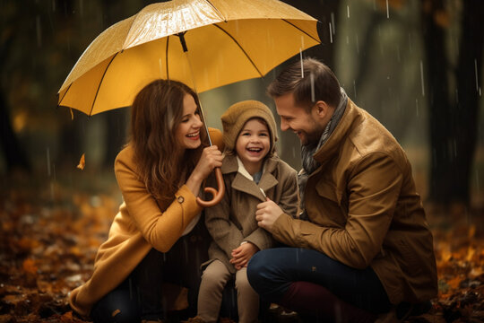 Happy family under umbrella in a rainy day. Outdoor portrait. AI generated
